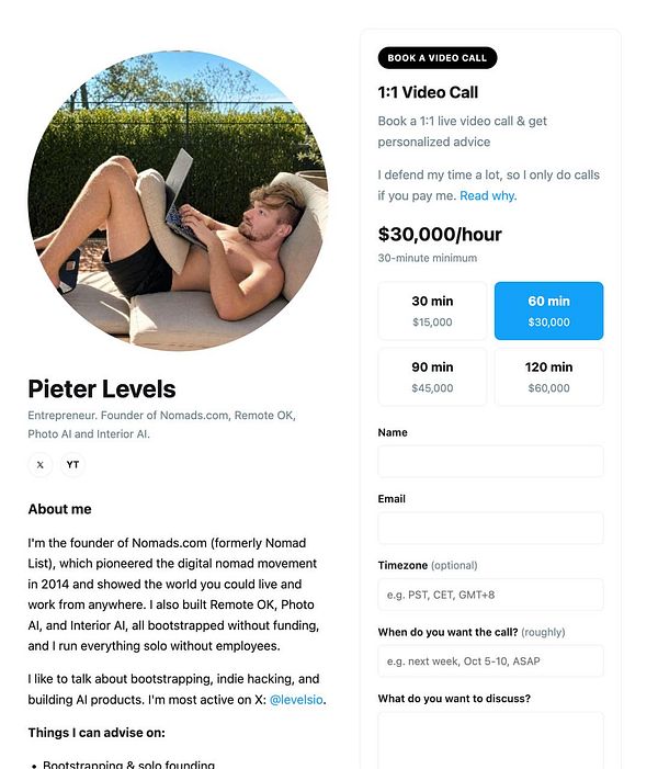 A screenshot of a user's profile page on the Intro.co platform showing the account handle, user information, followers count, and a list of levels posted by the user.