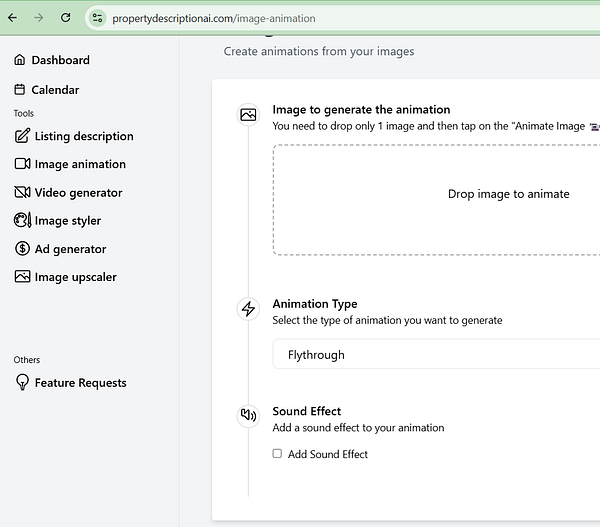 The image displays a user interface for generating animations from images on a web platform.