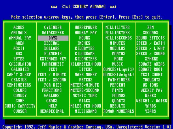 The image displays a retro computer interface for the '21st Century Almanac' program.
