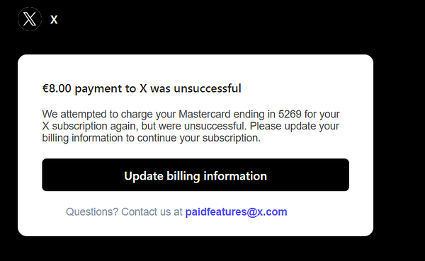 A notification about an unsuccessful payment for a subscription service.