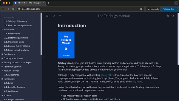The image displays the introduction page of the Telebugs Manual documentation.