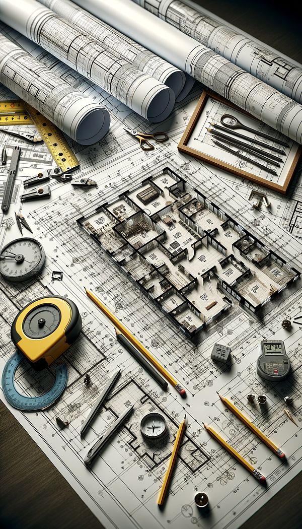 A set of detailed construction drawings laid out on a table, showing various sections of a building including floor plans, elevations, and detailed room layouts, with measurement tools and a pencil nearby.