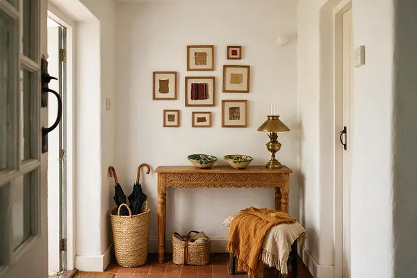 A narrow bohemian entryway with white walls, terracotta tile flooring, and a carved wooden console table centered against the back wall. Woven baskets, black umbrellas, a brass lamp, and framed textile art create a warm, collected look.