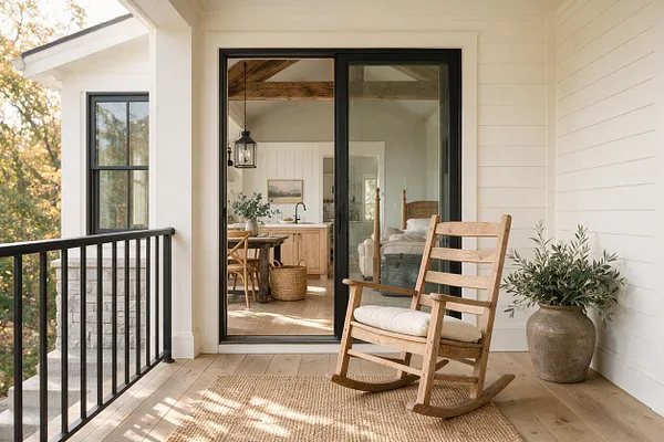 A bright farmhouse porch with white shiplap walls, light wood flooring, and a black-framed sliding glass door opening to a cozy interior. A wooden rocking chair sits on a woven rug beside a large neutral planter, while black metal railing and warm natural light complete the inviting exterior space.