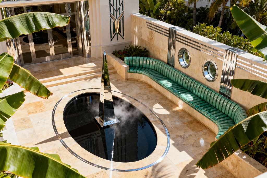 A sunlit Art Deco patio features warm travertine flooring and walls surrounding an oval reflecting pool edged in metal, centered by a mirrored stainless-steel obelisk emitting a light mist. A curved, ribbed emerald-green bench lines one side above a stone base, opposite chrome-rimmed porthole windows and horizontal metallic banding. Geometric door details and lush banana leaves frame the scene, creating a glamorous, streamlined outdoor lounge.