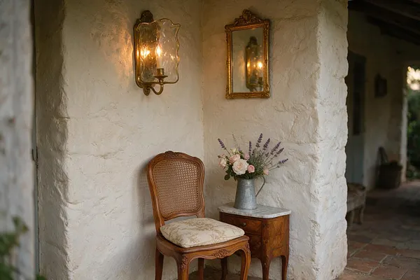 A cozy French Country front porch with rough white stucco walls, a carved wooden chair with a cane back and floral cushion, and a small wooden side table topped with a metal pitcher of flowers. Brass wall sconces and a gilded mirror add warm, antique character.