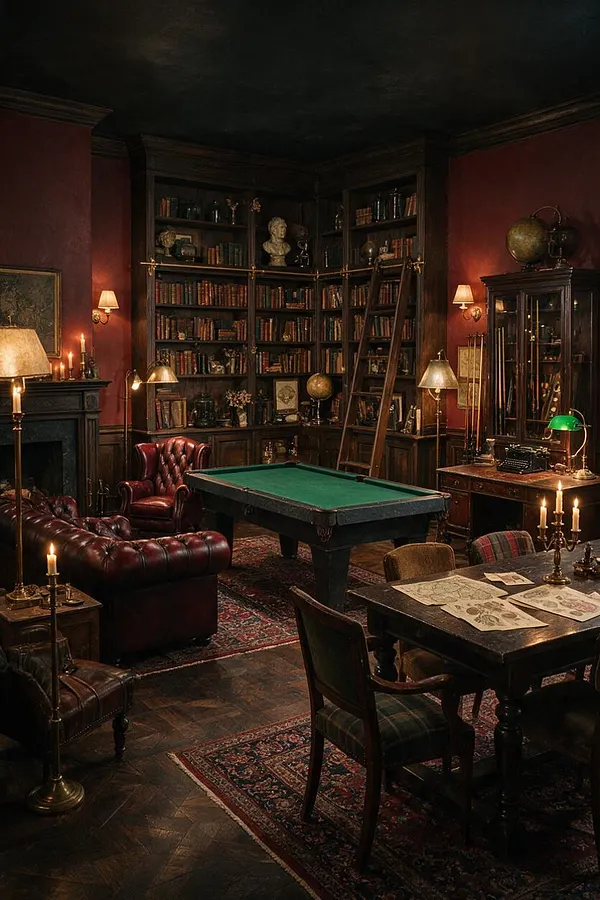 A dimly lit game room with dark wood bookshelves filled with books and globes, deep red walls, and a green felt pool table centered in the room. Leather club chairs, a tufted sofa, candlelight, brass lamps, and a writing desk with a vintage typewriter create a scholarly, atmospheric Dark Academia interior.