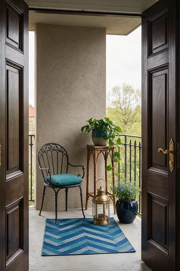 A small eclectic balcony is framed by open dark wood double doors with brass handles. Inside the balcony are a wrought iron chair with a teal cushion, a narrow wood plant stand, potted greenery and flowers, a brass lantern, and a blue chevron rug against a textured beige wall and railing.