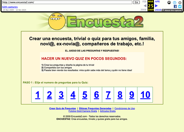 Screenshot of a vintage 2009 survey generator website interface with simple input fields and buttons, highlighting early web design.