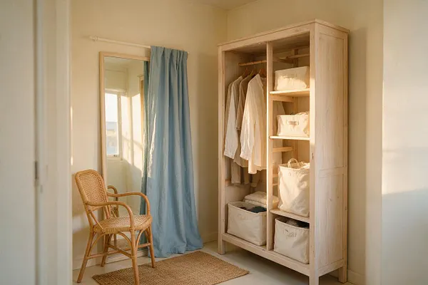 A bright closet corner with a pale wood wardrobe, open hanging storage, and cream fabric bins arranged on shelves. A rattan chair sits beside a full-length mirror draped with a soft blue curtain, all set on a natural woven rug in warm sunlight.