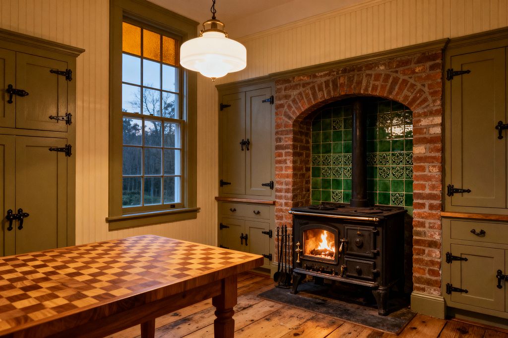 A Victorian-style kitchen centers on a cast-iron stove burning inside an arched fireplace of exposed red brick, backed with glossy emerald tiles in floral relief. Olive painted cabinets with black iron hinges and latches flank the hearth and a sash window, while cream beadboard walls, a checkerboard butcher-block table, wide-plank wood flooring, a schoolhouse pendant, and an amber glass window pane create a warm, nostalgic glow.
