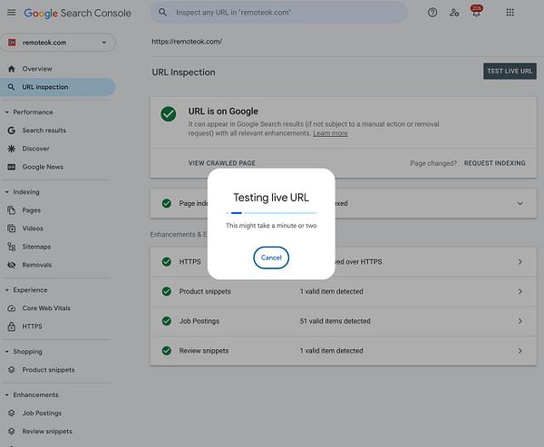 The image displays the Google Search Console interface during a live URL testing process for the website 'remotek.com'.