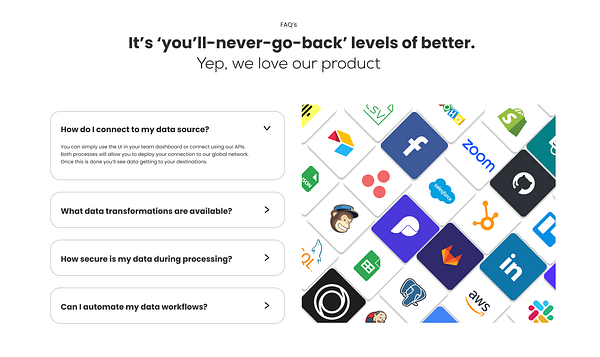 The image features a Figma design showcasing a FAQ section with various data source icons.