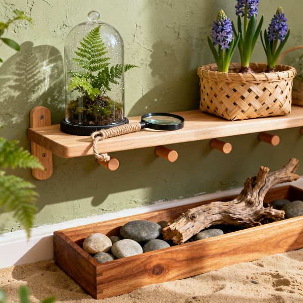 A close-up of a biophilic kids’ room corner shows a light oak peg-rail shelf on a sage green plaster wall, holding a fern terrarium under a dewy glass cloche, a magnifying glass wrapped in jute, and a woven rattan basket with purple hyacinths; below, a wooden tray on indoor sand holds smooth gray river stones and a piece of driftwood, all lit by warm natural sunlight. Leaf shadows fall across the wall, enhancing the outdoor feel.