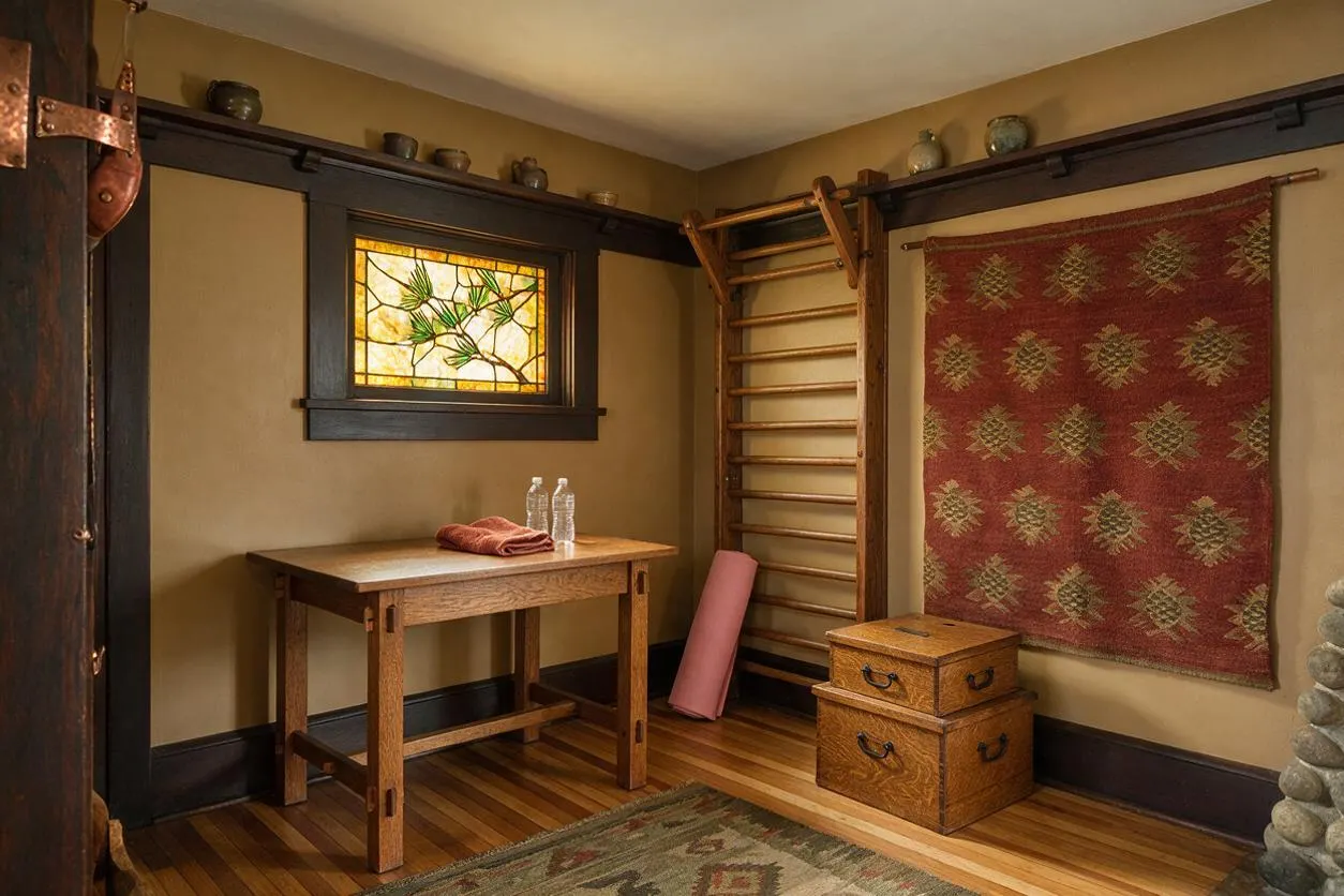 A compact Craftsman-style home gym with tan walls, dark wood trim, and a stained glass window above a simple wooden table. Wall-mounted ladder bars, a rolled yoga mat, stacked wooden storage boxes, and woven textile wall art add warmth and character to the workout space.
