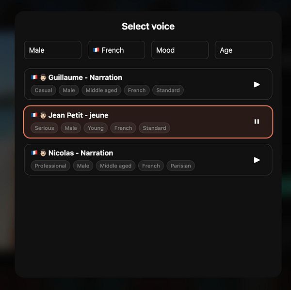 The image displays a voice selection interface for a voice-over application.
