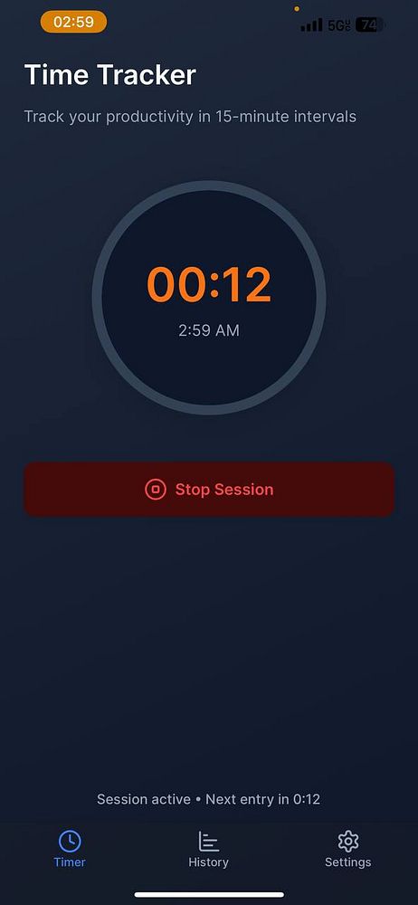The image displays a time tracking application interface showing an active session.