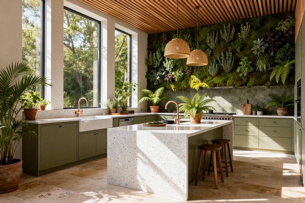 Bright kitchen with tall black-framed windows, sage green lower cabinets, and a white farmhouse sink. A terrazzo waterfall island with two wooden stools sits under woven rattan pendants and a wood slat ceiling. Copper faucets and slim pulls add warmth. The floor is beige travertine tile. A full living wall of moss, ferns, and herbs spans the back, with a narrow green stone backsplash and stainless range below, plus potted plants in terracotta along the counters.