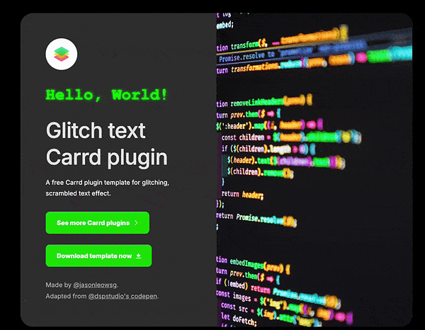 The image features a promotional interface for a glitch text plugin for Carrd, alongside a code snippet.