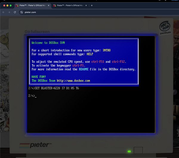 The image displays a DOSBox interface with a welcome message and command instructions.