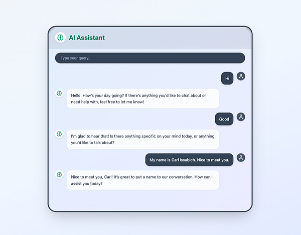 A chat interface for an AI assistant displaying a conversation with a user named Carl.