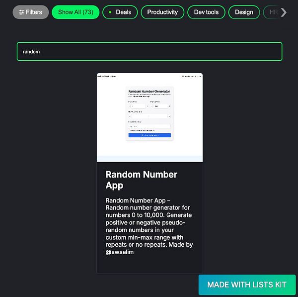 The image displays a user interface for a Random Number Generator app within a directory listing.