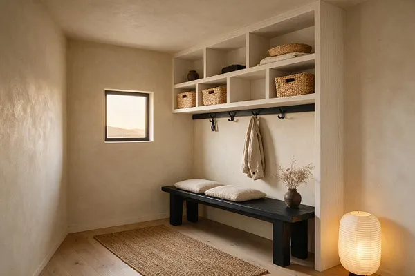 A calm Japandi entryway with a black wooden bench, woven baskets in a built-in cubby shelf, and a small window bringing in soft natural light. Neutral plaster walls, a jute rug, and a glowing paper floor lamp create a warm, minimalist atmosphere.
