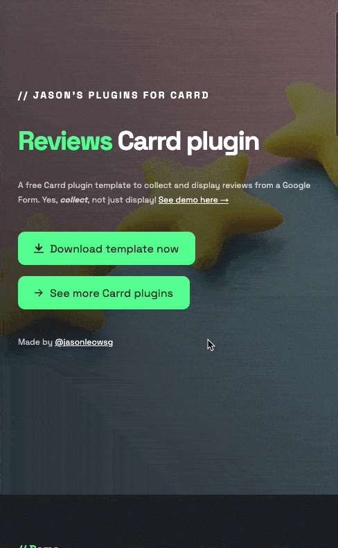 Promotional image for a Carrd plugin named 'Reviews' designed to collect and display Google Form reviews, featuring download and plugin exploration buttons.