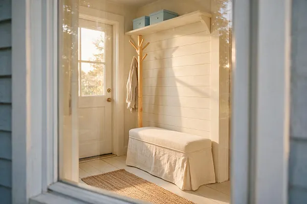 A bright coastal entryway with a white door, a natural wood coat rack, and a cushioned bench draped in off-white linen. Soft sunlight warms the cream shiplap wall, woven rug, and light-colored floor, creating a calm, airy feel.