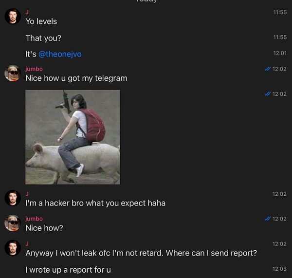 A humorous chat conversation about hacking, featuring a meme of a person riding a pig while holding a gun.