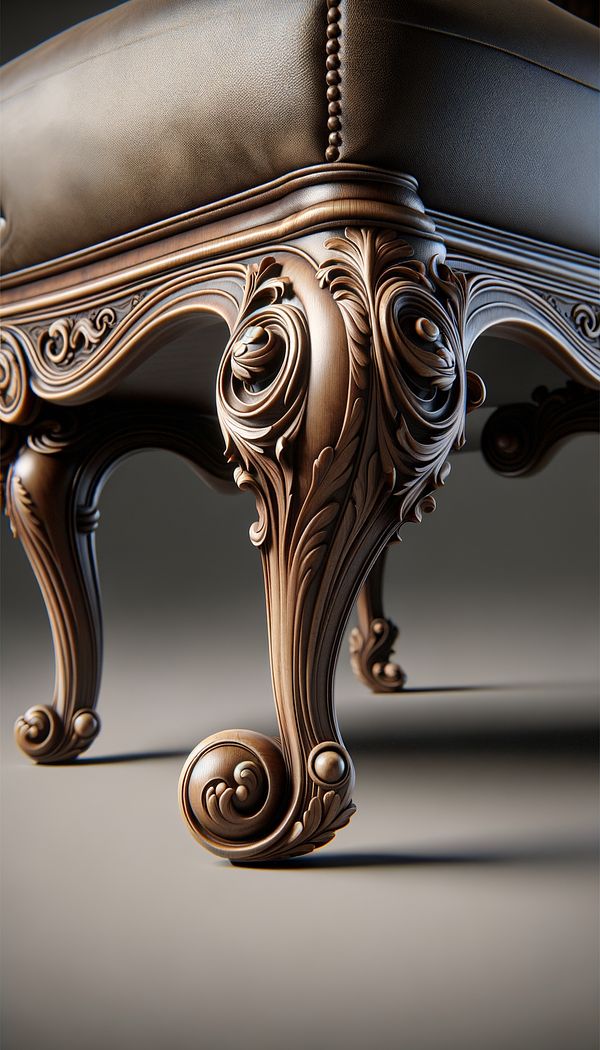 A close-up photograph of a cabriole leg on a piece of furniture, showcasing its S-shaped curve and ornate ball-and-claw foot.
