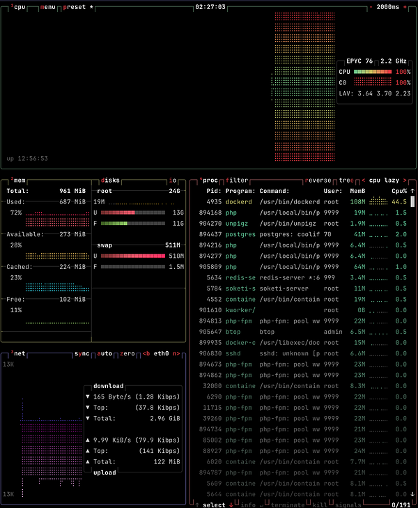 The image displays a terminal interface showing system resource usage and process information.