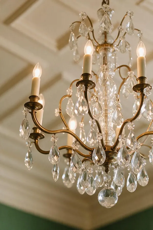 A close-up view of an ornate traditional chandelier with aged brass arms and many dangling crystal drops. Candle-style bulbs glow warmly against a coffered ceiling, with a deep green wall visible below.
