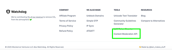 The image displays the footer section of the Watchdog website, highlighting various links and company information.