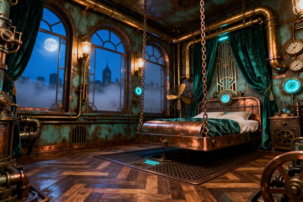 A steampunk bedroom with oxidized copper walls and brass pipes, where arched windows reveal a foggy city skyline at night. A riveted copper bed hangs from heavy ceiling chains above a black metal grate, flanked by Edison-style sconces, pressure gauges, a vintage fan, and teal velvet curtains and bedding; herringbone wood flooring and cyan porthole lights create a moody, retro-industrial atmosphere.