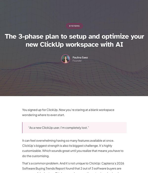A detailed roadmap diagram illustrating a three-phase plan for setting up and optimizing a ClickUp workspace with AI integration.