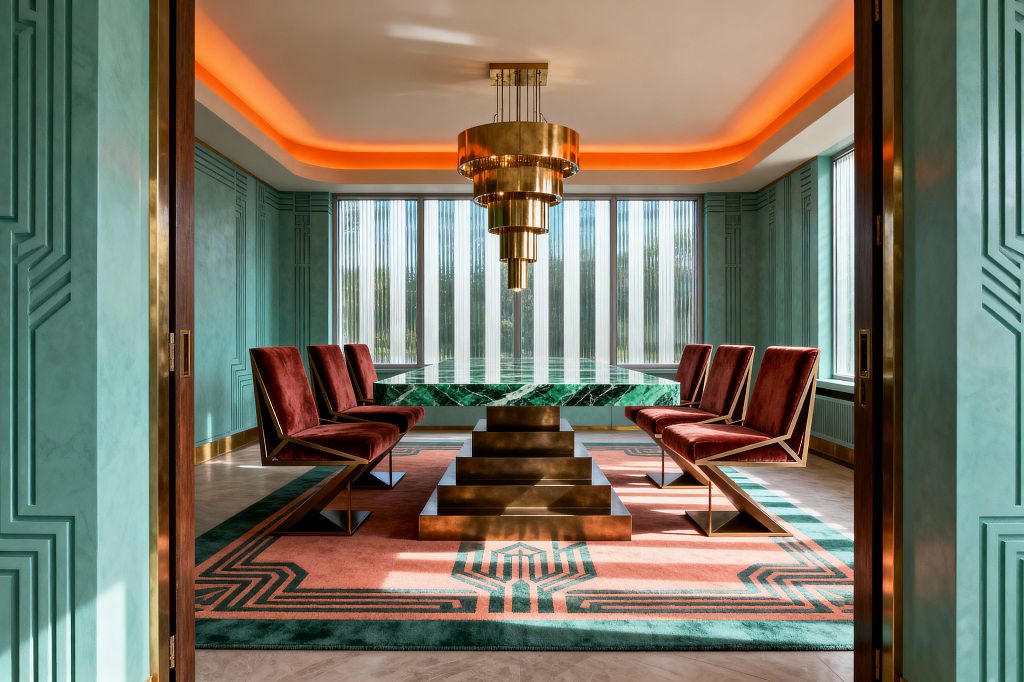 An Art Deco dining room with seafoam green paneled walls and brass trim features stepped wall moldings and a tiered brass chandelier beneath orange cove lighting. Six burgundy velvet chairs with Z-shaped brass frames face an emerald green marble table before tall reeded-glass windows. A coral and teal geometric rug covers pale stone flooring, and dark wood doors with brass inlays frame the view.