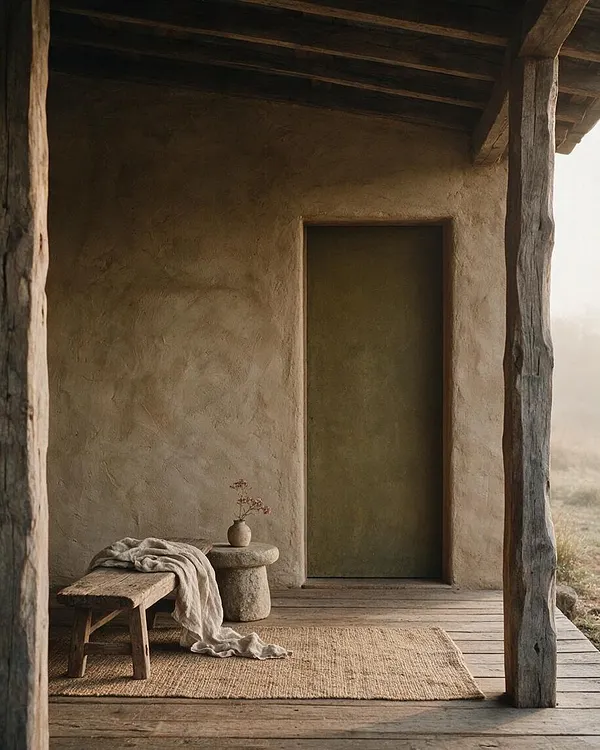 A quiet front porch with rough timber posts, a textured earthen wall, and a simple green-toned door. A rustic wooden bench, draped linen, a small stone pedestal table, and a woven rug create a warm, minimal wabi-sabi setting.