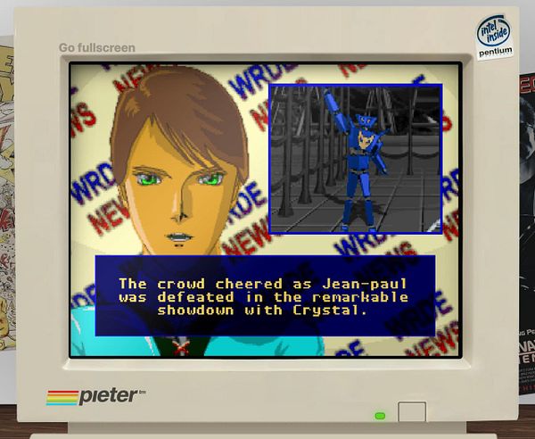 An old computer monitor displays a scene from the game One Must Fall 2097, featuring a character and a text box narrating an event.