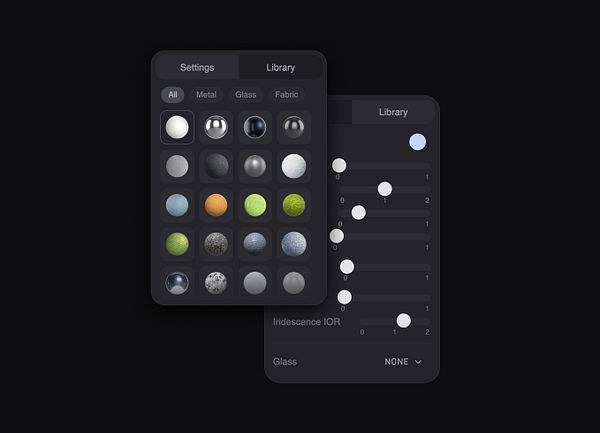 The image displays a user interface for a material library with various texture options and adjustable settings.