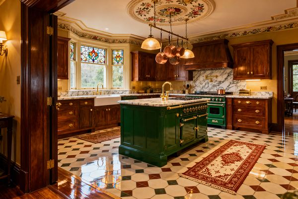 A richly detailed Victorian kitchen features an emerald green island and matching AGA range with brass hardware, topped in veined white marble. Walnut cabinets line the walls with a marble backsplash and brass pot filler. A farmhouse sink sits below stained-glass bay windows. A floral ceiling medallion frames pendant lights and a hanging copper pot rack, while geometric glazed tiles and red runners add pattern and warmth.