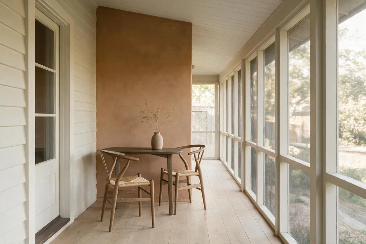 A calm front porch designed in Japandi style with a small round wooden table and two woven wood chairs placed against a warm clay accent wall. Large screened windows line one side, while white siding and light wood flooring keep the space bright and minimal.