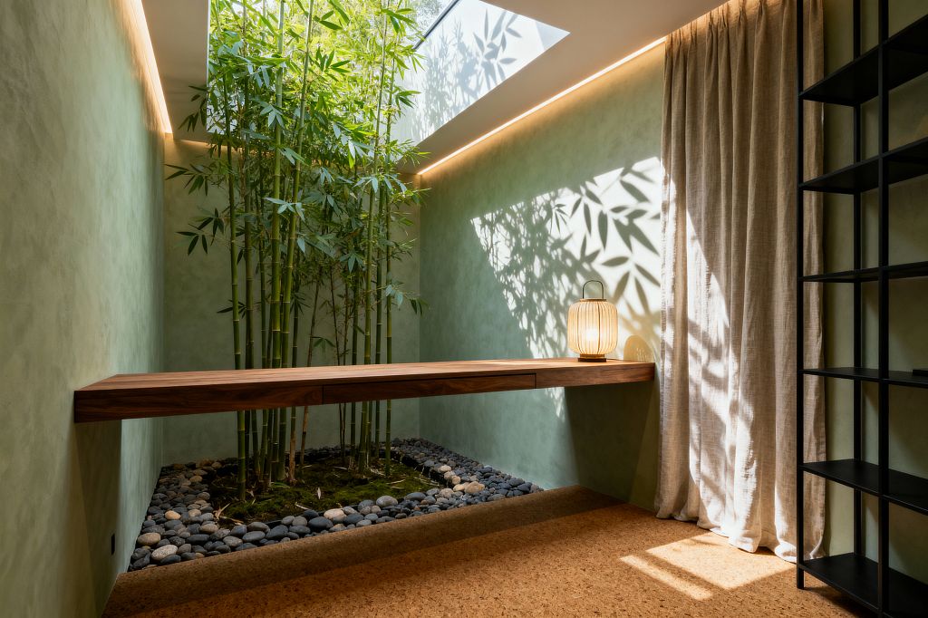 A compact home office features a floating walnut desk spanning soft sage-green walls. An indoor planter of tall bamboo sits beneath a roof skylight, casting dappled leaf shadows across the limewashed surface. The planter is lined with moss and smooth river pebbles, while the floor is cork. A lantern-style table lamp rests on the desk beside a full-height linen curtain, with a matte black open shelf unit at the room’s edge.
