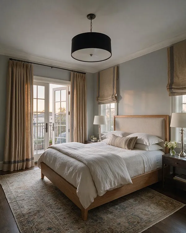 A transitional guest bedroom with a wood-framed upholstered bed centered between two windows, topped with white bedding and a striped lumbar pillow. Beige drapery frames French doors, and a black drum pendant hangs from the ceiling above a muted rug and dark wood nightstands with table lamps.
