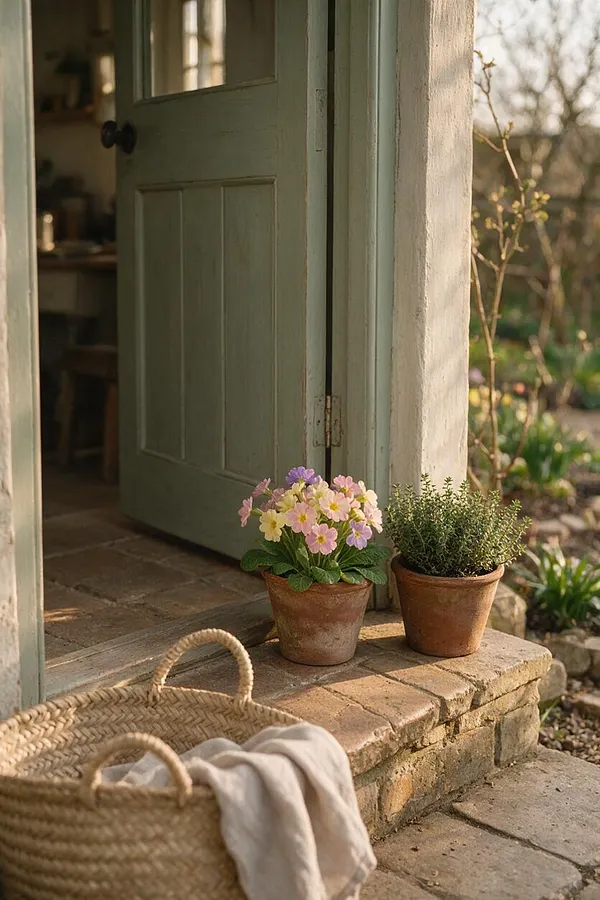A cozy cottage porch with a pale green wooden door, weathered brick steps, and two terracotta pots holding pink and yellow flowers and a small herb-like plant. A woven basket with a light linen cloth sits in the foreground, while warm sunlight and a garden backdrop create a calm rustic feel.