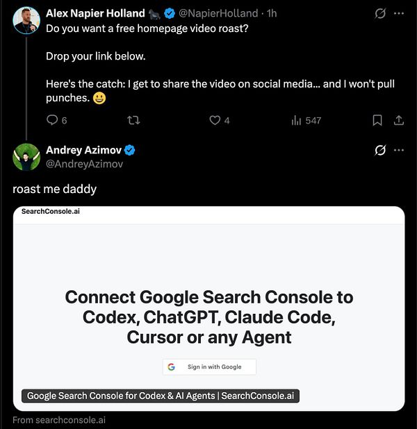 A screenshot of a Twitter post by Andrey Azimov sharing a landing page URL and inviting Alex Napier to critique it, with a visible social media interface.