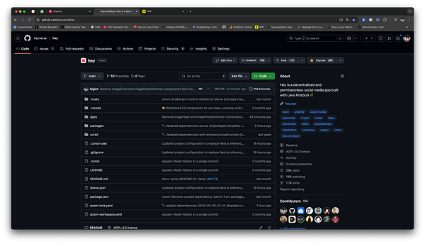 The image displays a GitHub repository page for the project 'hey', showcasing its code and related information.