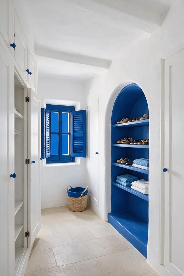 A narrow Mediterranean-style closet with white plaster walls, built-in cabinetry, and a vivid cobalt blue arched shelving niche. Blue shutters frame a small window at the end of the room, and a woven basket sits on the pale stone floor.