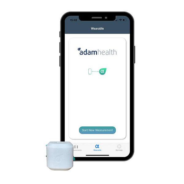 The image features a smartphone displaying the Adam Health app alongside a wearable device.