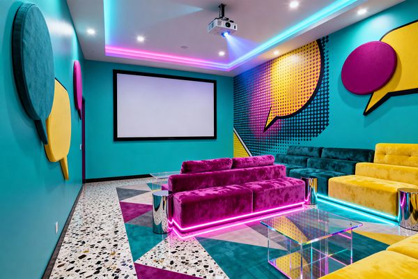 A media room with bright teal walls features oversized upholstered speech-bubble panels and a comic halftone mural. Tiered velvet sofas in magenta, teal, and yellow face a wall-mounted projection screen, with pink and aqua LED strips under the seats and in ceiling coves. The floor combines terrazzo with a geometric area rug, while clear acrylic coffee tables and polished chrome cylinder side tables sit between the seating.